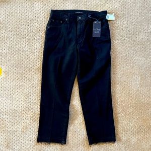 High-risen Lucky Brand black jeans with frayed pant legs. New with tags!